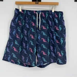 Vintage Summer Navy Blue Seahorses Lined Swim Trunks Sz XL